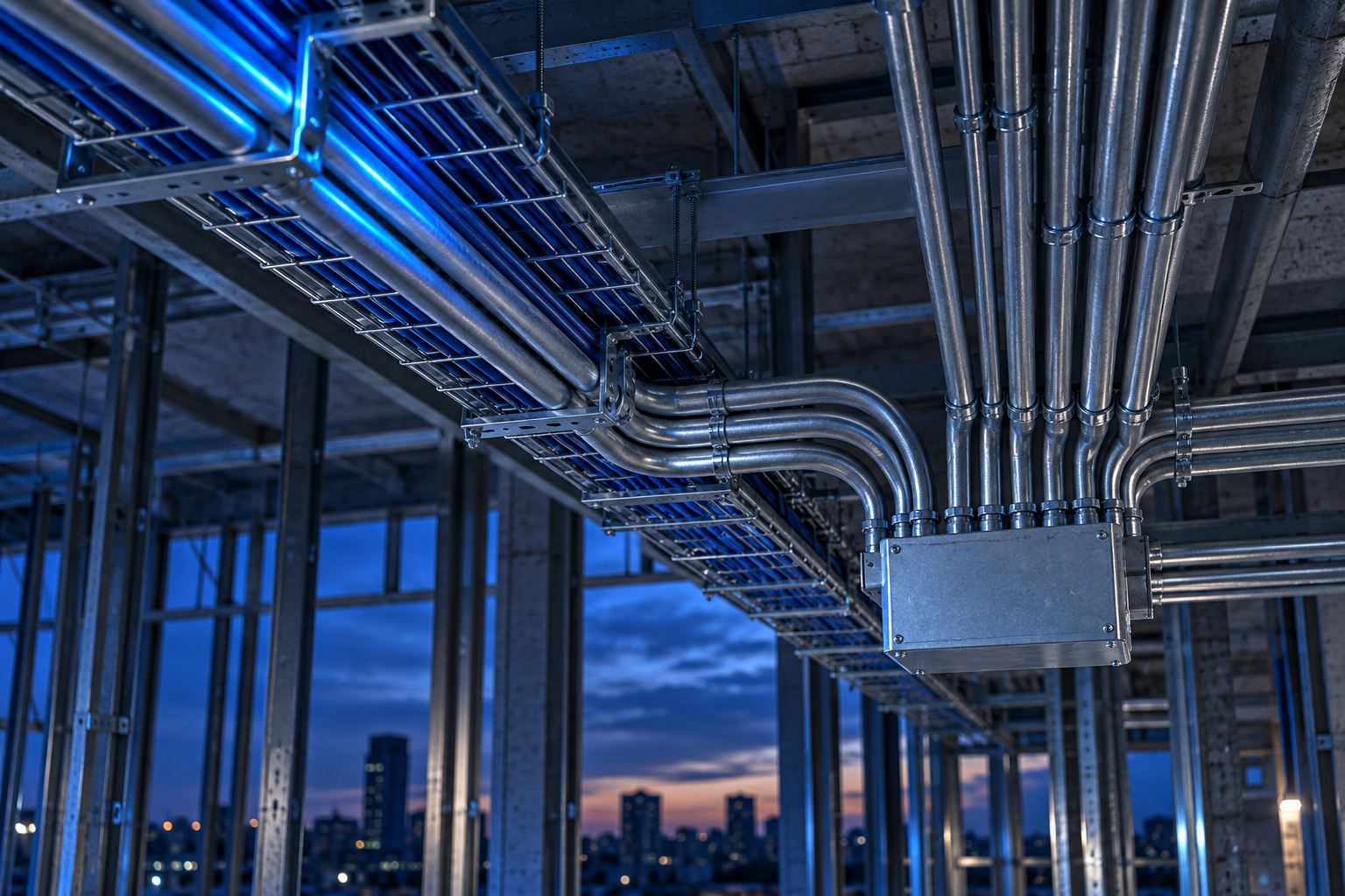 Electrical conduit converging on a junction box in a building under construction